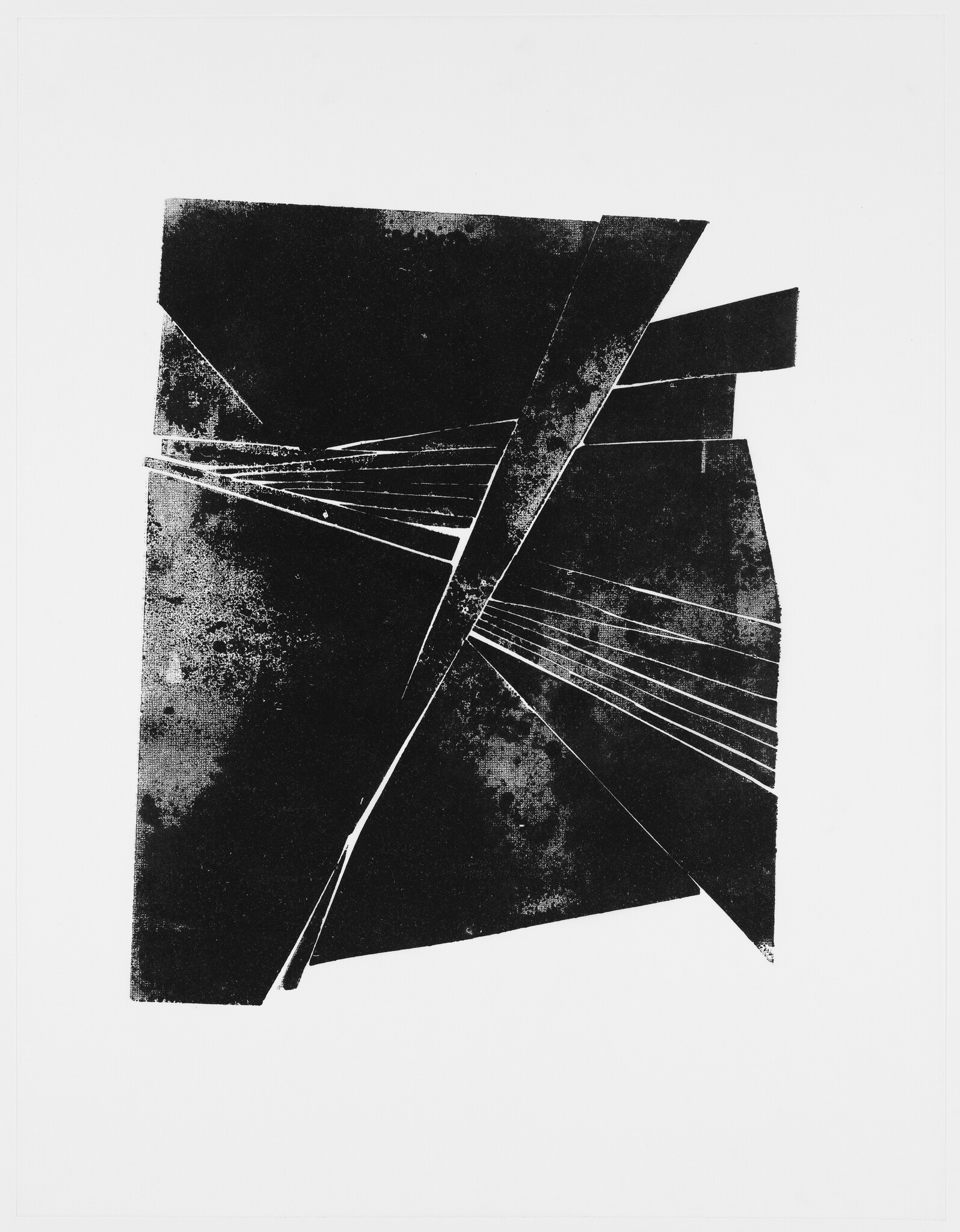 Black angular shapes overlap with thin white lines radiating from a central diagonal split.