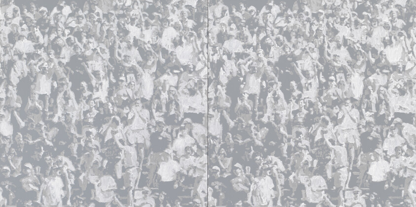 Crowd of cheering people packed closely together, captured in two adjacent grayscale panels.