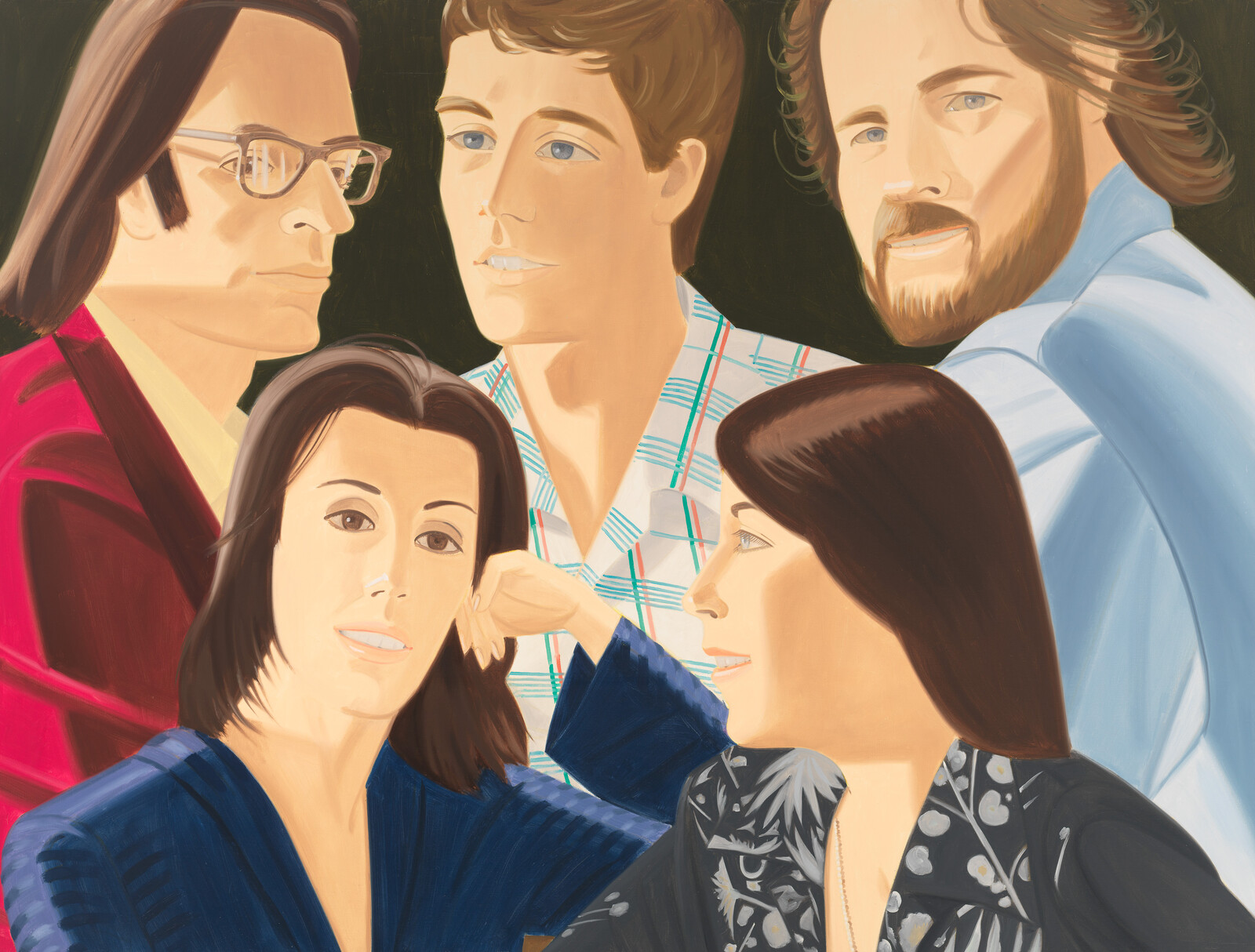 Five people in a relaxed group portrait looking toward different directions.