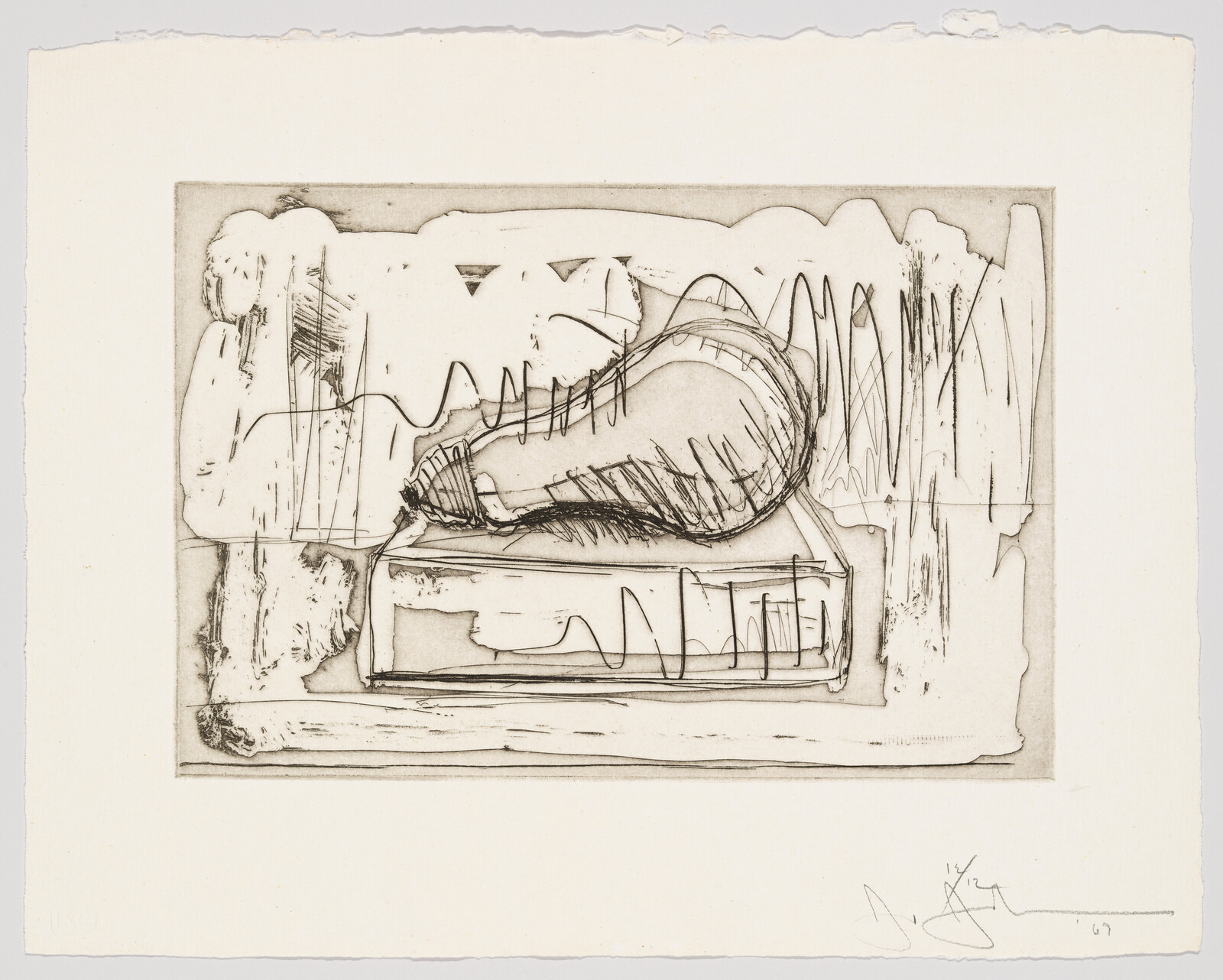 A loose sketch shows a rounded object resting on a rectangular box amid abstract scribbled lines.