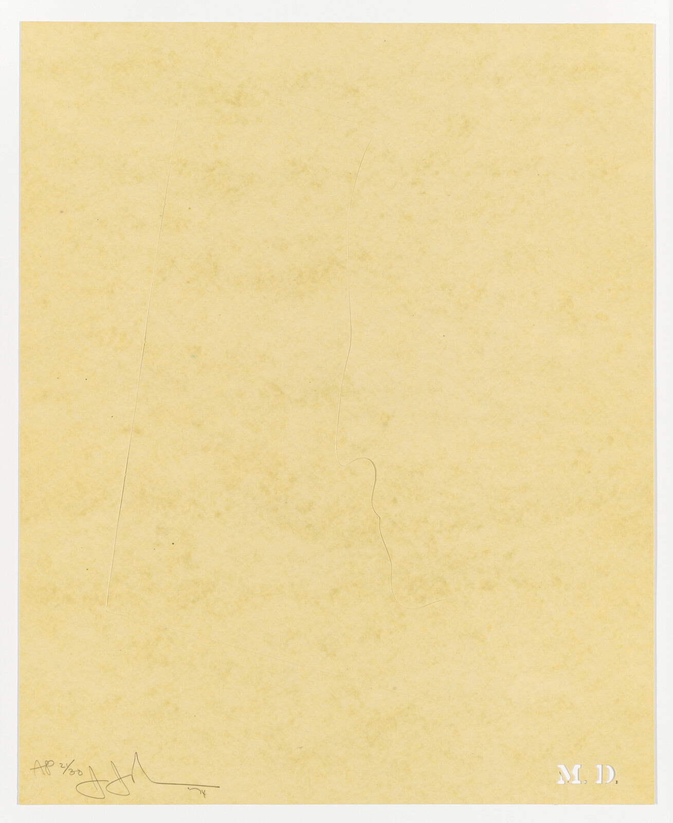 Yellowed paper with faint embossed profile outline and initials "M. D." in the lower right.