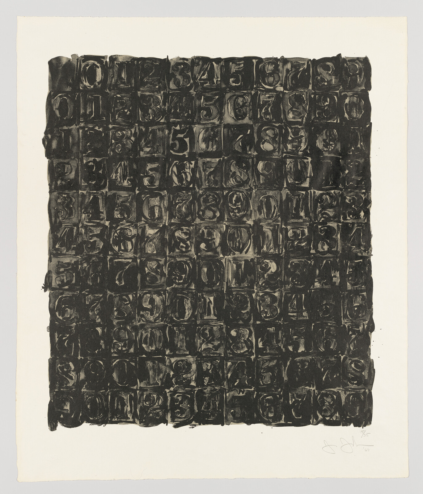 A murky black vertical rectangular shape, centerd on a canvas, with evident brushtrokes outlining numbers in a grid-like layout