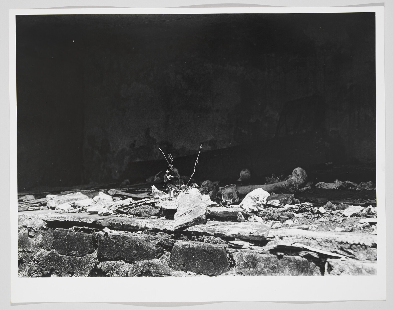 A pile of broken concrete and scattered bones and debris on a dark ledge.
