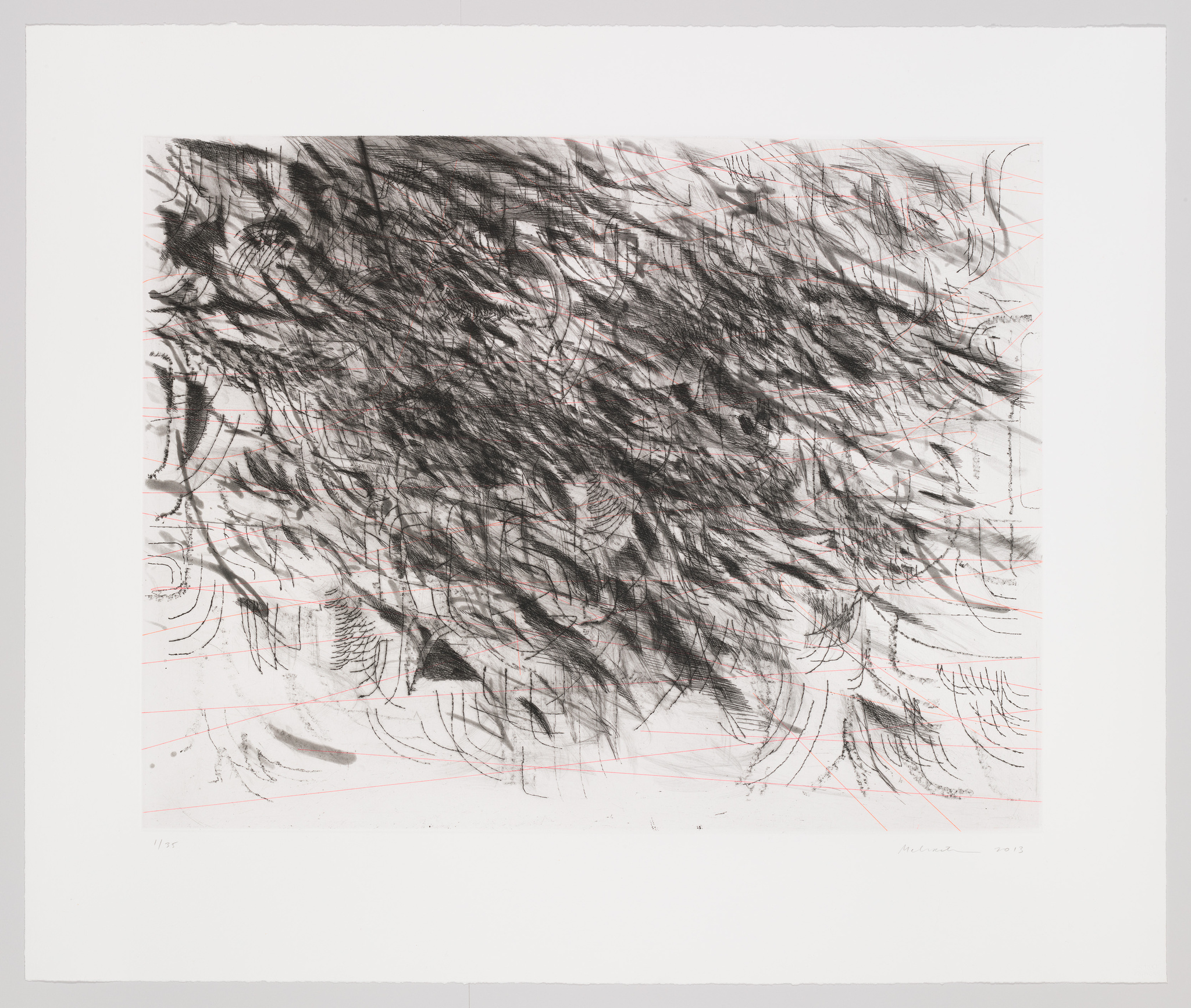 small and sweeping charcoal etchings splay out across a canvass amidst straight pink lines 