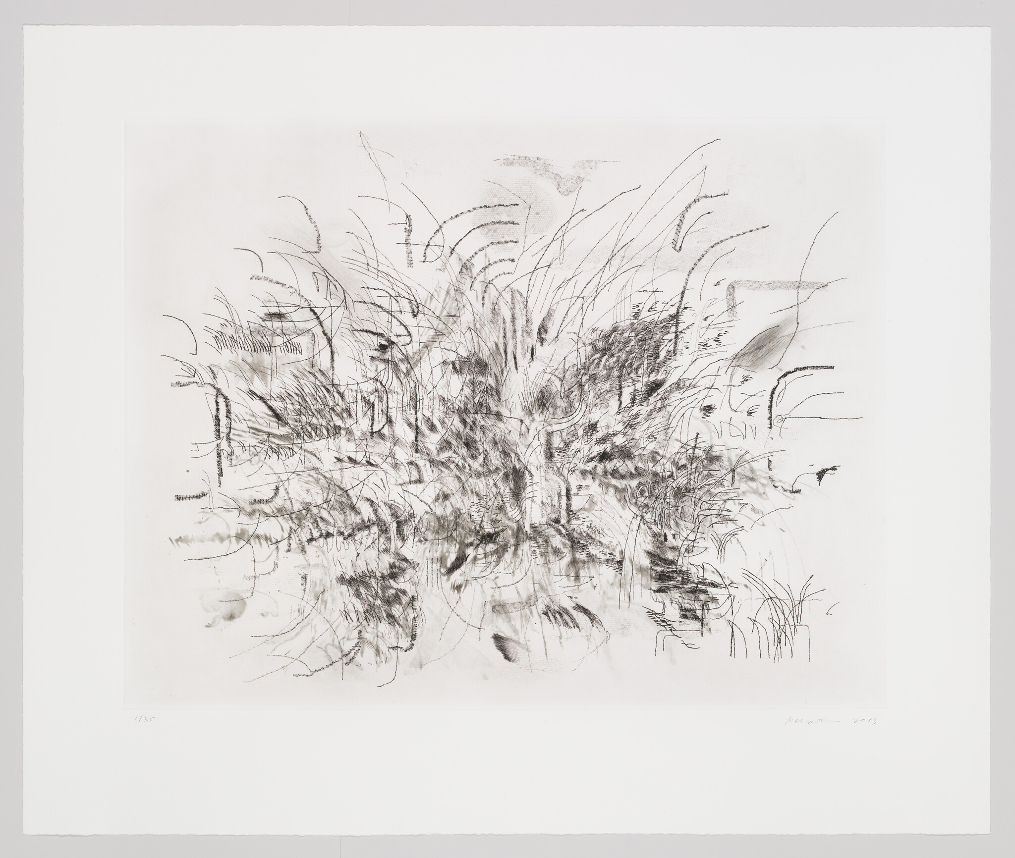 Black marks varying in thickness, definition and linearity populate a white background; dense at center, sparse at edges. 