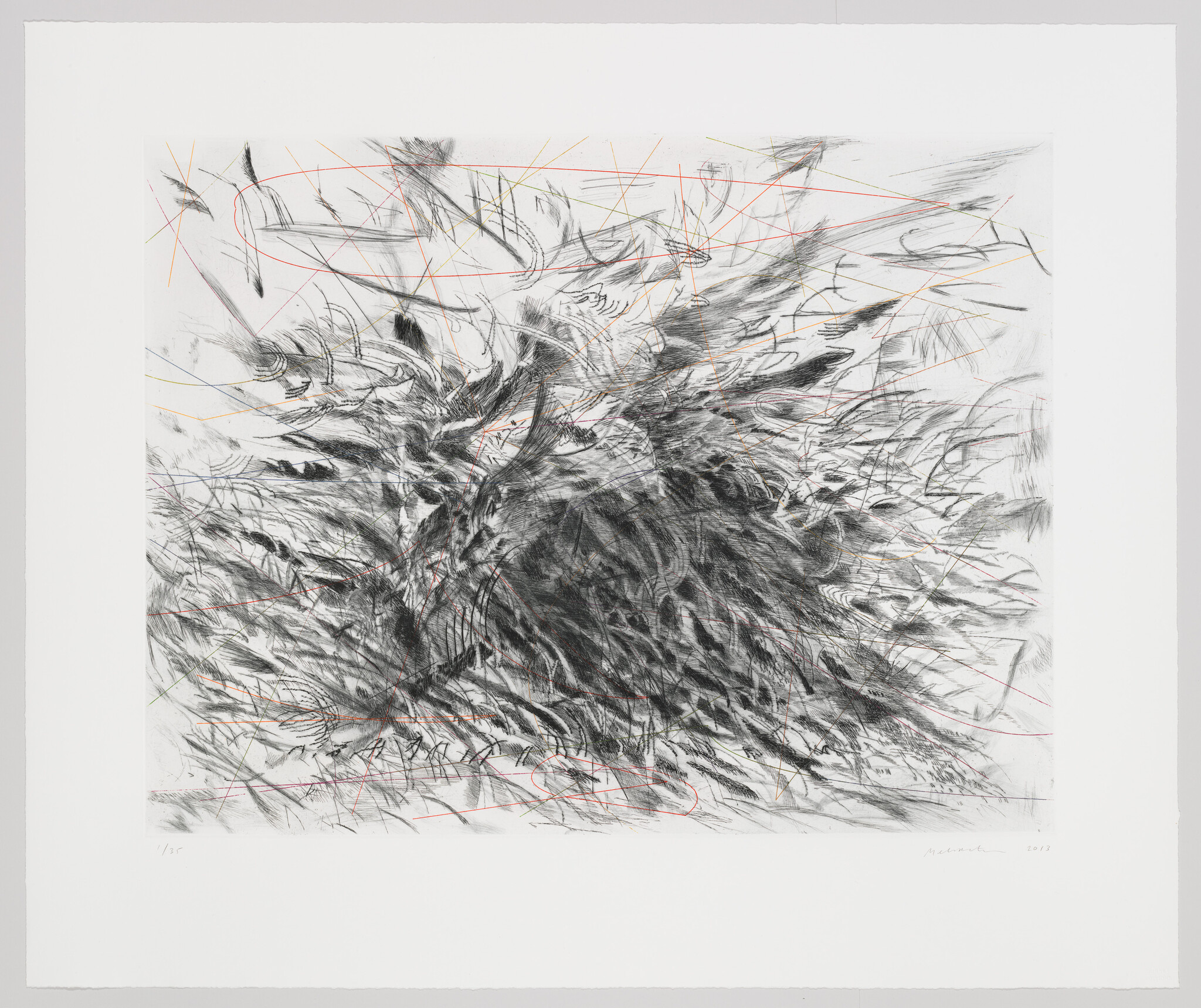 A frenzy of quick, black marks emanate from a dense center to the edges of a designated frame, while thin red lines intermittently weave through the action.
