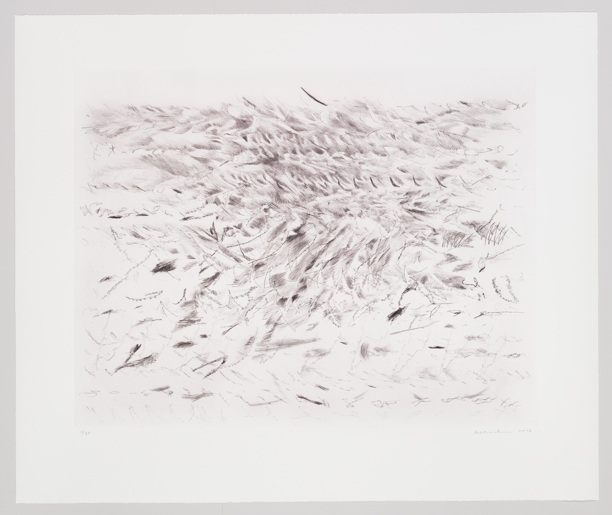 A monochromatic artwork featuring an array of abstract, feather-like strokes concentrated in the center of the paper, with some strokes scattered towards the edges. The piece is signed and dated in the lower right corner, with an edition number on the lower left. The background is plain white, highlighting the texture of the strokes.
