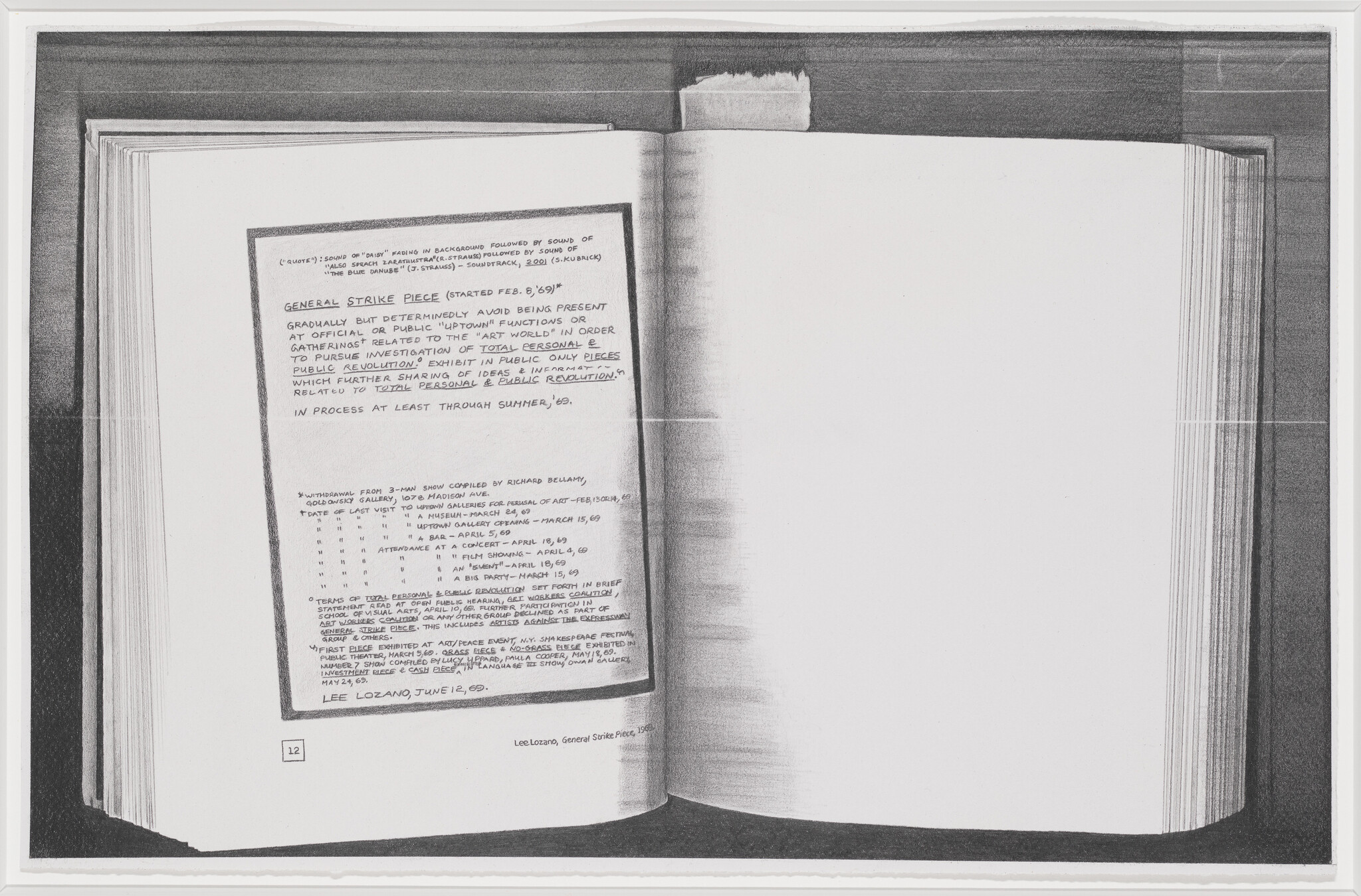 Open book showing a handwritten page titled general strike piece on the left and a blank right page.