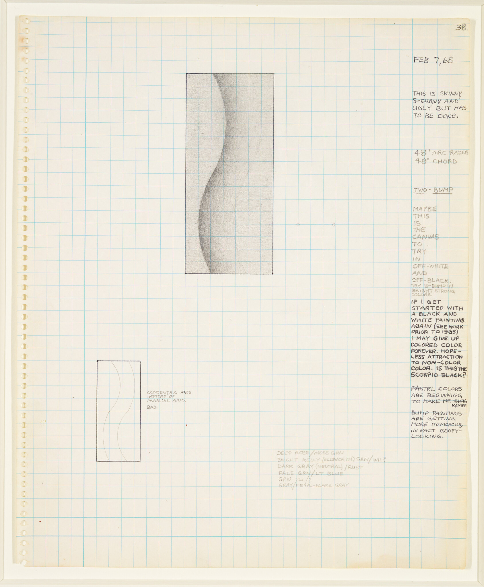 Large graph-paper page with two rectangular S-curve sketches and handwritten notes along the right.