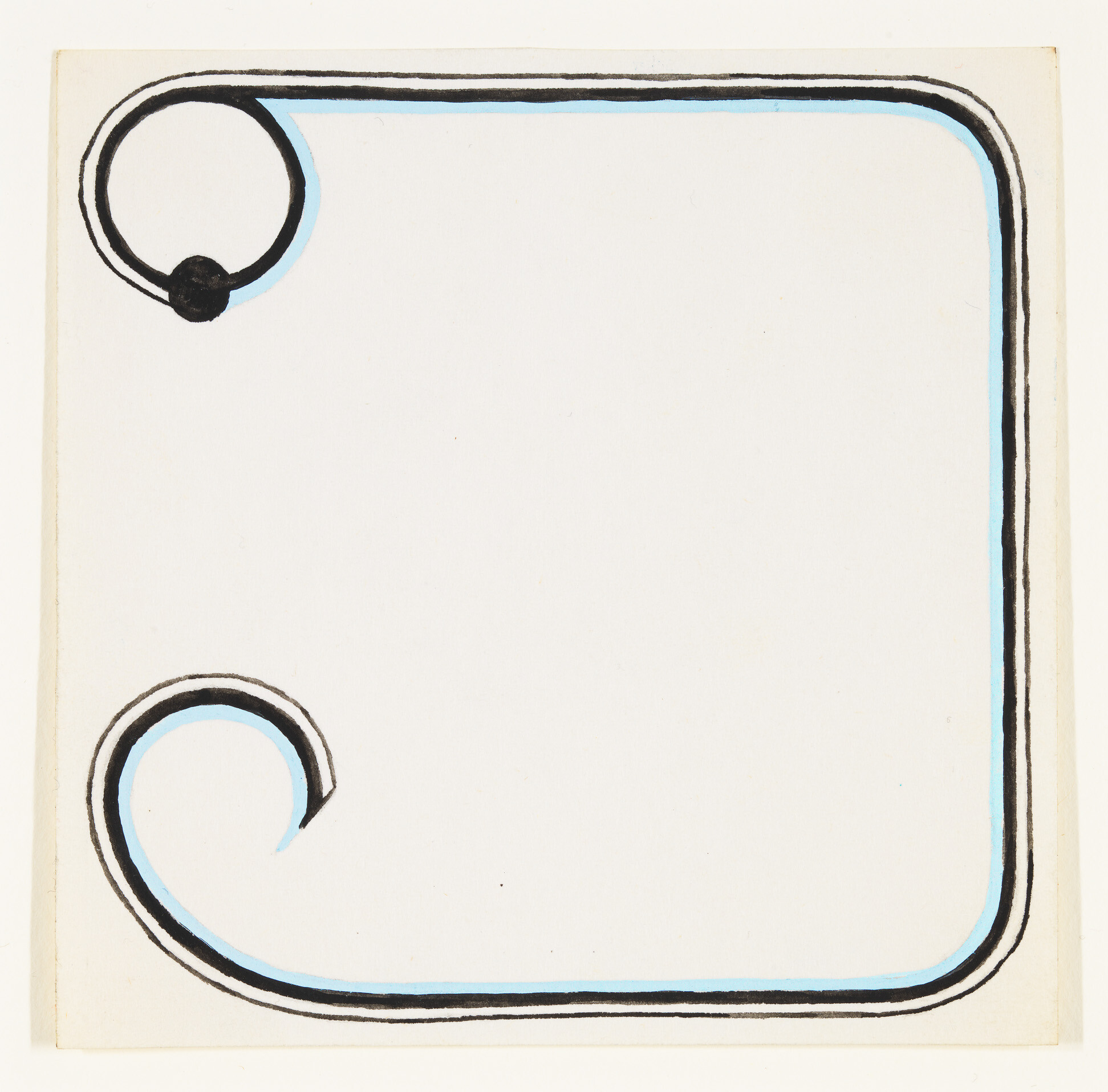 A white square card with a black and blue rounded border and swirl accents.