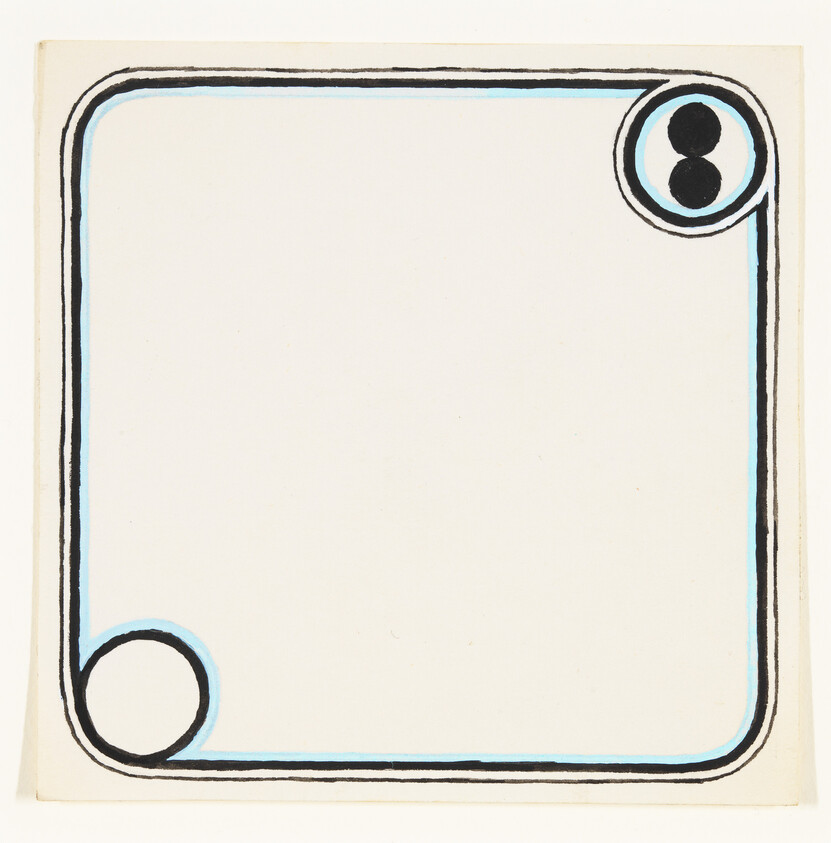A blank square card with rounded black and blue border and two circular marks at corners.