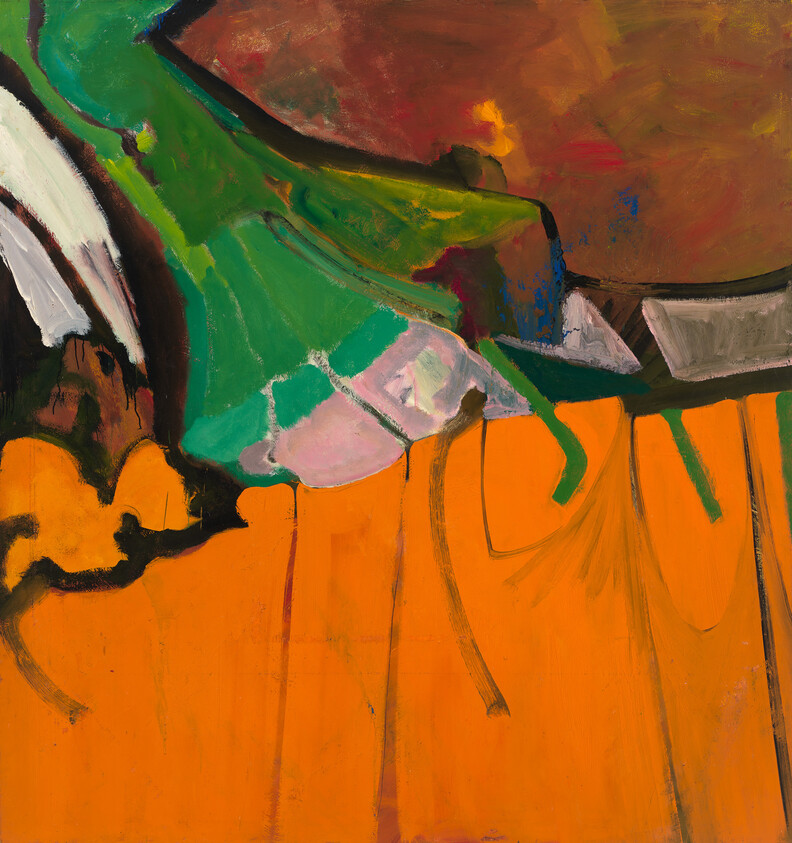Abstract expressionist painting with vibrant orange background and a mix of green, white, and red brushstrokes on the upper half, suggesting a dynamic and fluid composition.