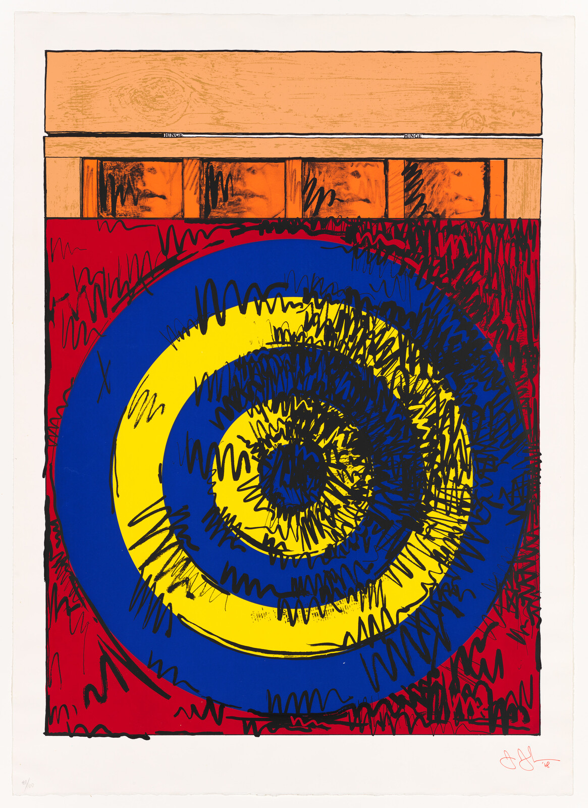 Concentric blue and yellow target rings covered in black scribbles on a red background with wood panel.