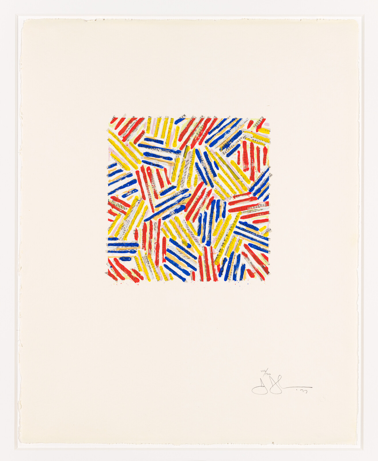 A square of overlapping red, yellow, and blue brushlike strokes centered on white paper with signature.