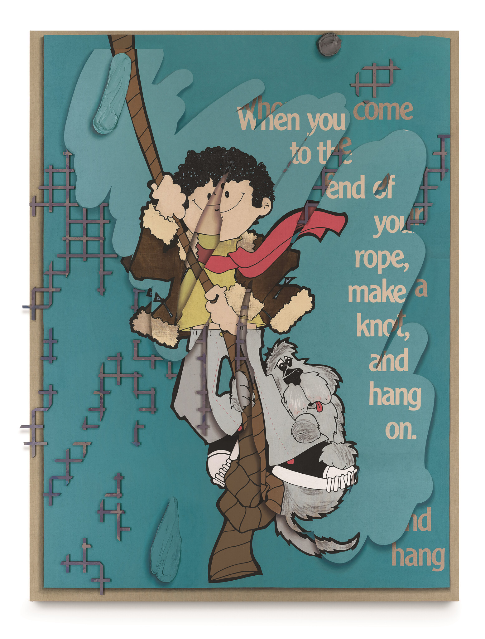 Illustration of a curly-haired person in a sheepskin jacket and red scarf climbing a rope, with a dog biting onto the person's pants. The background is teal with abstract shapes and ladders, and there's a motivational quote saying, "When you come to the end of your rope, make a knot, and hang on."