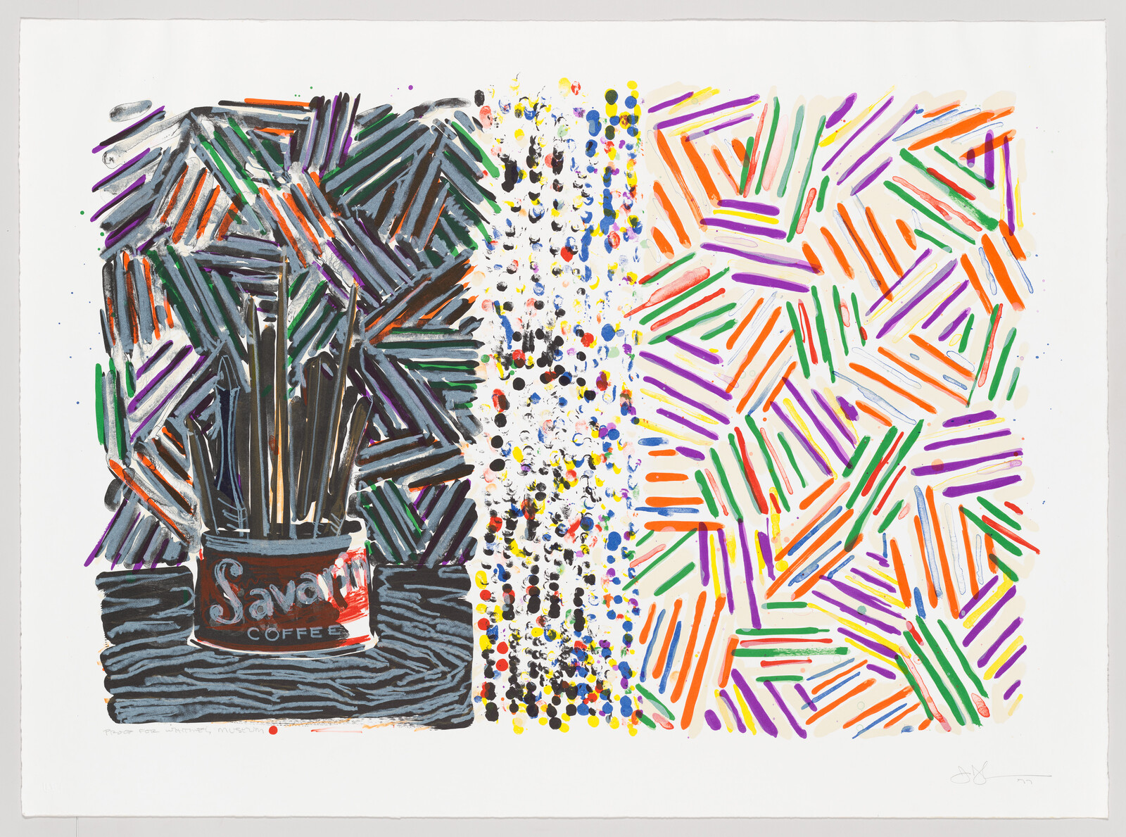 A Savarin coffee can filled with paintbrushes beside colorful clustered brushstrokes and dotted vertical column.