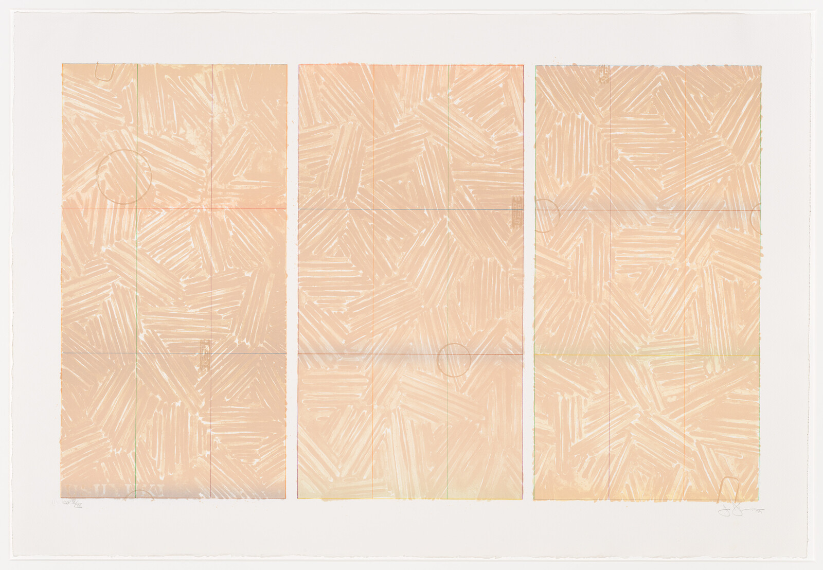 Three tall beige panels display repeating white brushstroke patterns with faint grid lines and circles.