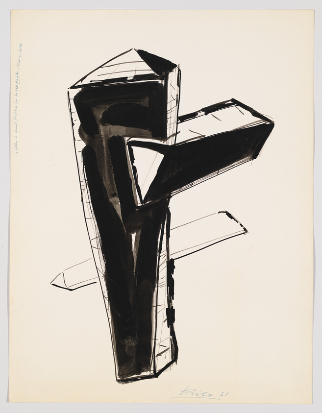 Large abstract black geometric form with protruding rectangular arms on a light background.