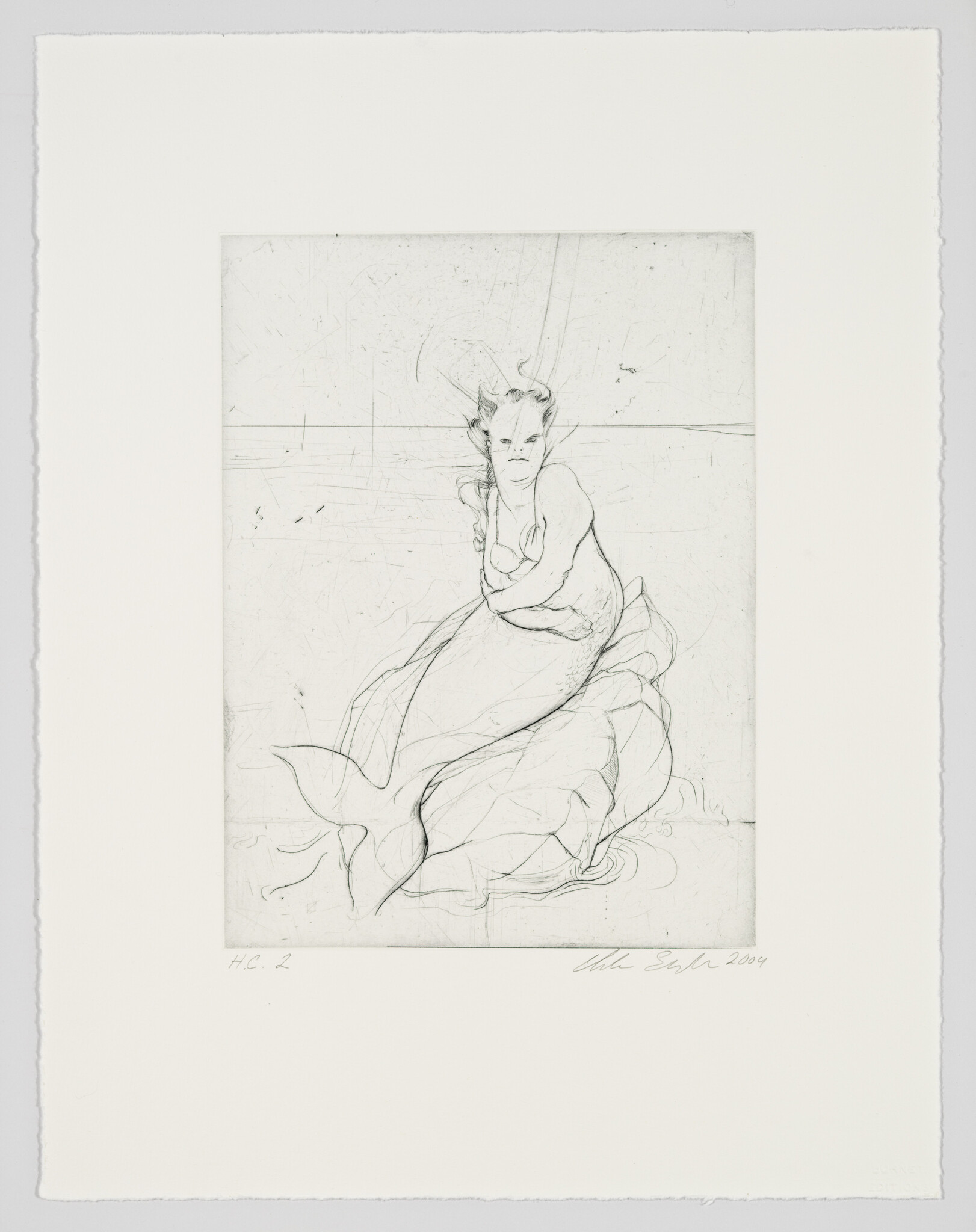A pencil sketch of a mermaid sitting with her arms crossed and her tail curled beneath her.
