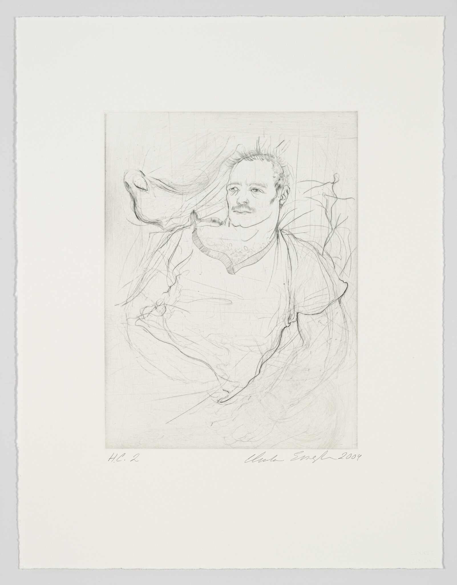 A lightly sketched man with a mustache reclines amid flowing, wispy lines and cloth.