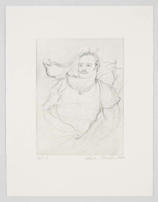 A lightly sketched man with a mustache reclines amid flowing, wispy lines and cloth.