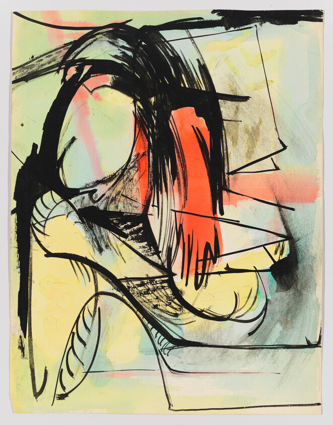Abstract painting of a seated figure suggested by bold black strokes and a red hairlike shape.