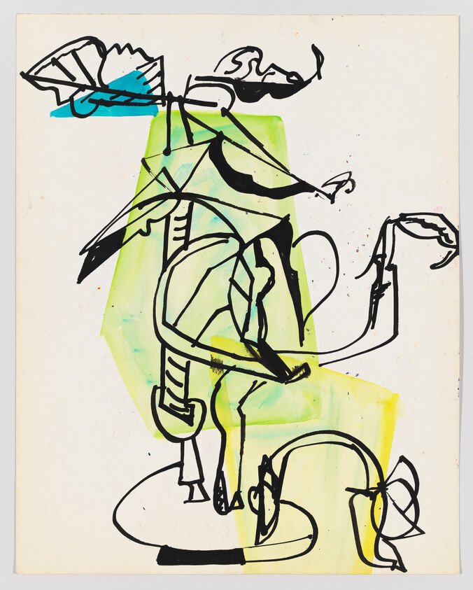 Abstract black ink figure with green and yellow wash and looping gestural lines.