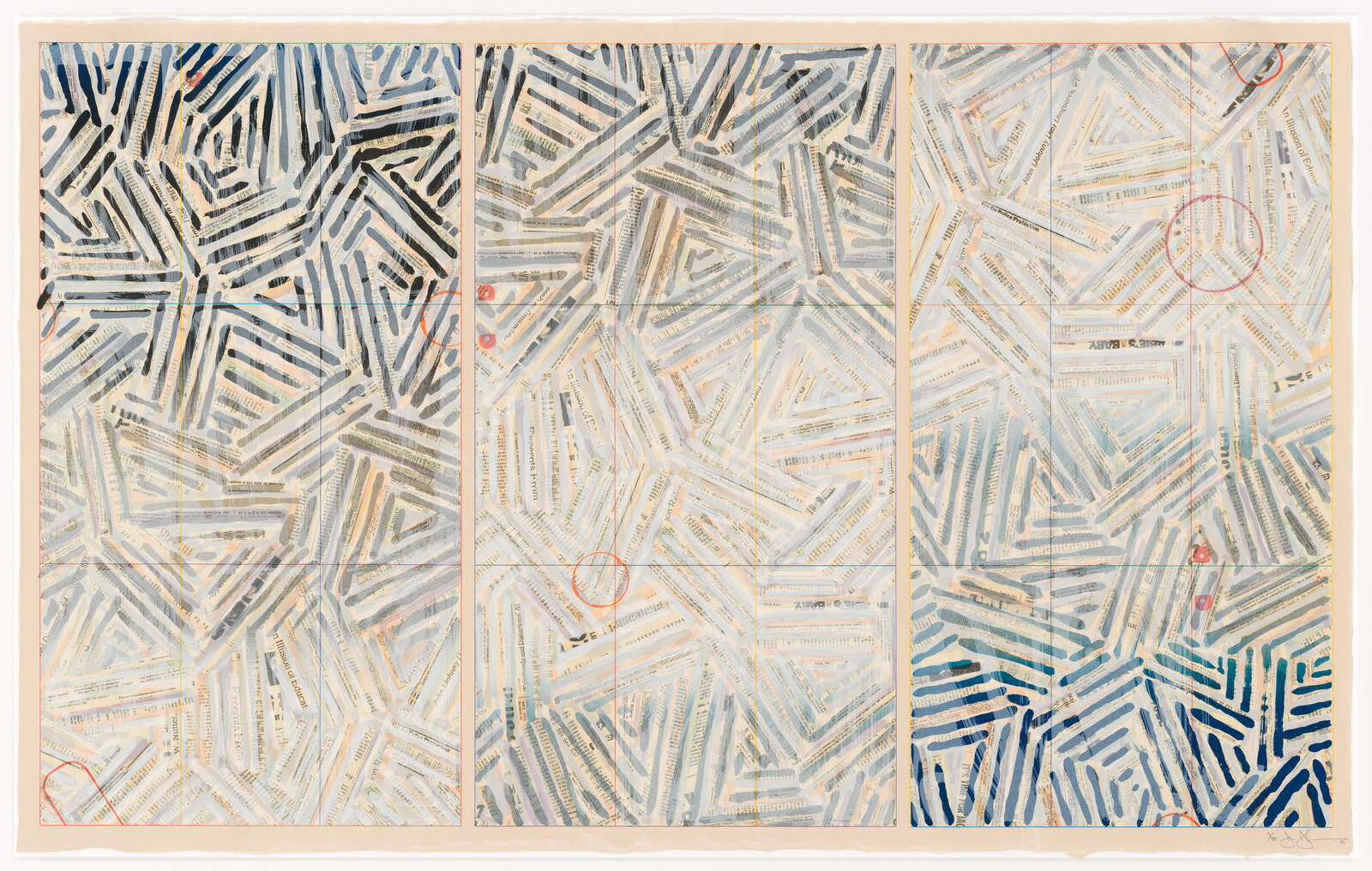 Three-panel abstract artwork with overlapping angled brushstroke bands and faint printed text strips, circled marks.