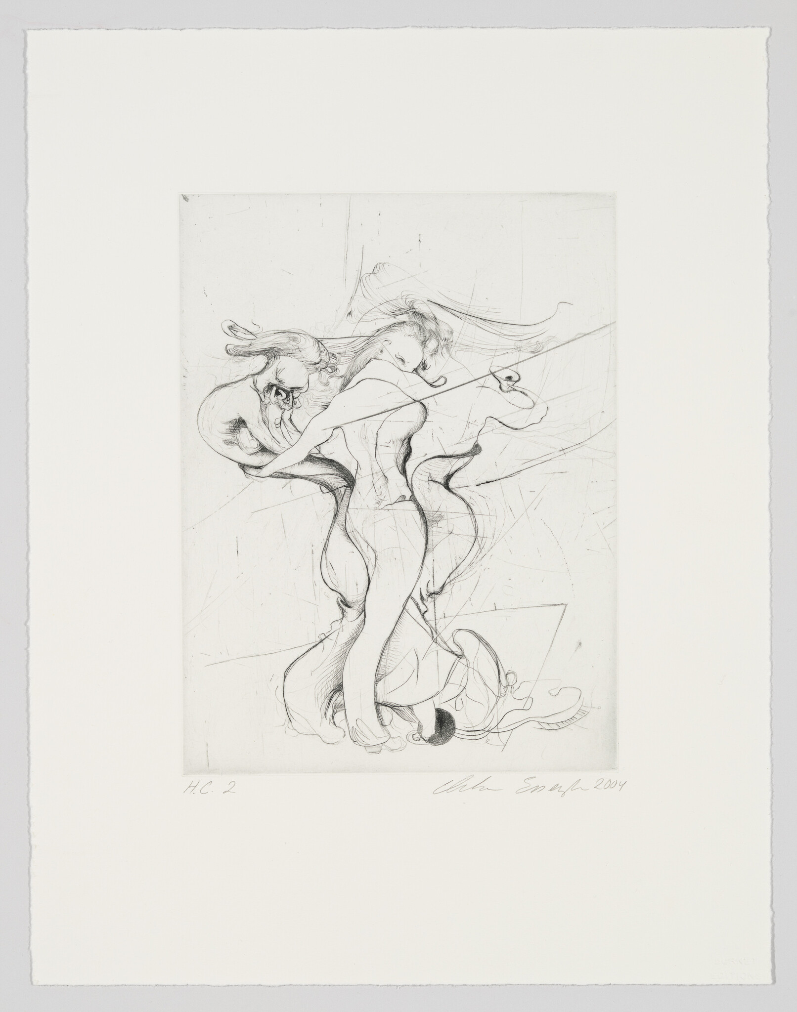 Two flowing, entwined figures dance closely with hair and fabric swirling around them.