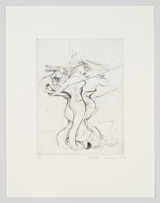 Two flowing, entwined figures dance closely with hair and fabric swirling around them.