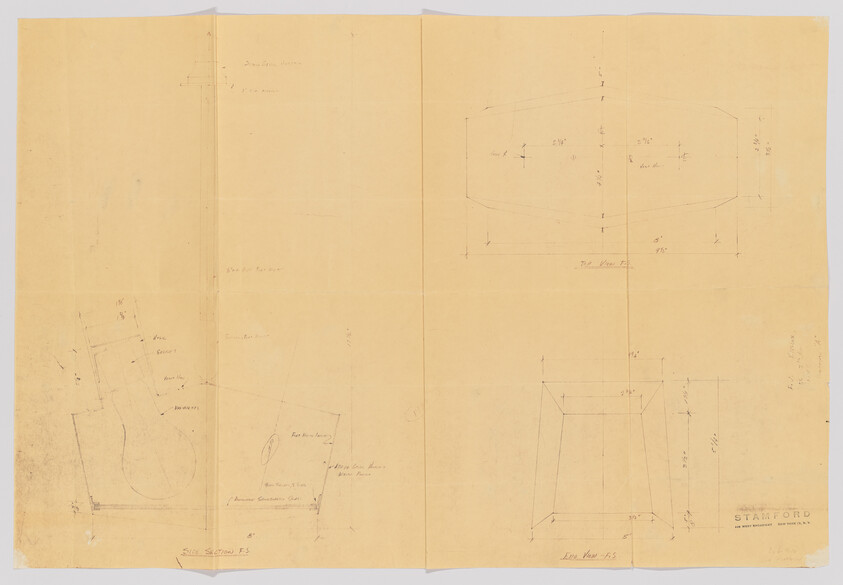 Faded technical drawing on yellowed paper showing hand-drawn geometric plans and measurements.