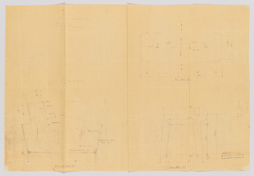 Faded technical drawing with hand-drawn plans and measurement notes on yellowed paper.