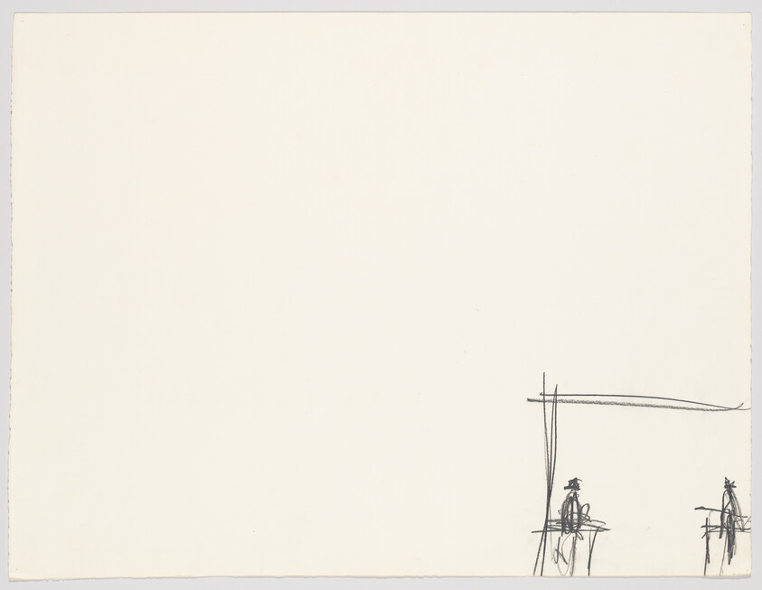 Two small sketched figures sit beneath a thin horizontal line in the lower right corner.