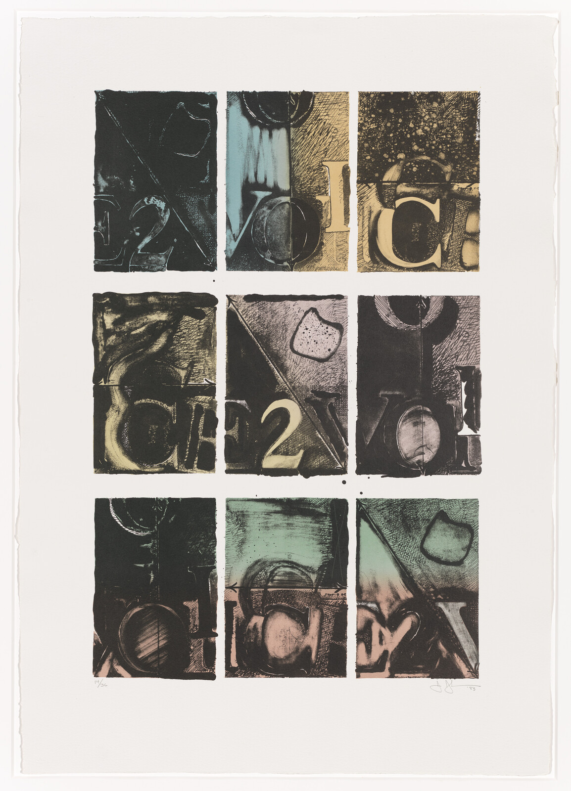 Nine-panel grid of abstract textured blocks featuring letters, numbers, and muted blue, green, and gold tones.