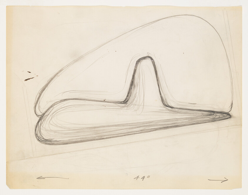 Pencil sketch of a long streamlined form with a central rounded hump and arrow marks.