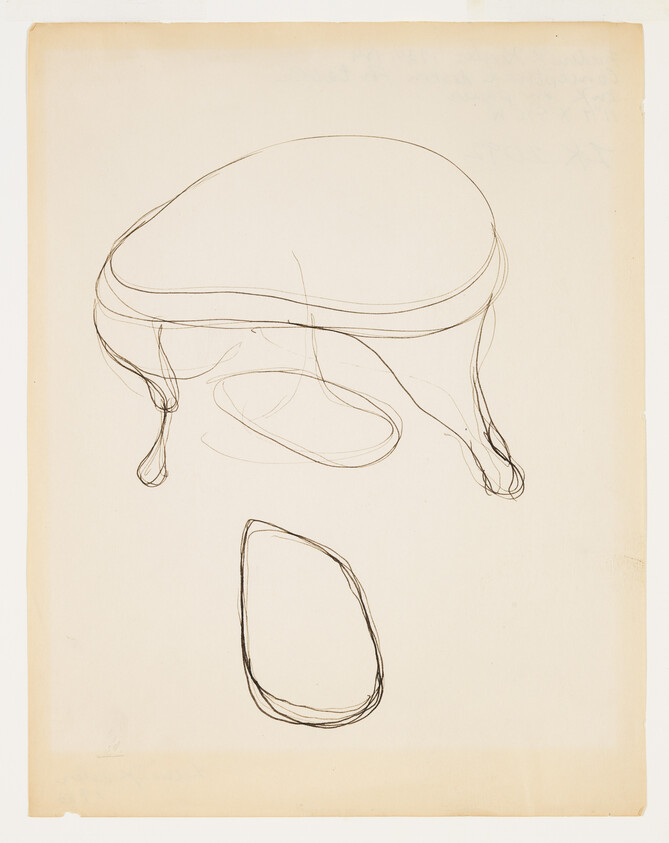 A loose line drawing of a three-legged rounded stool with a detached oval cushion below.