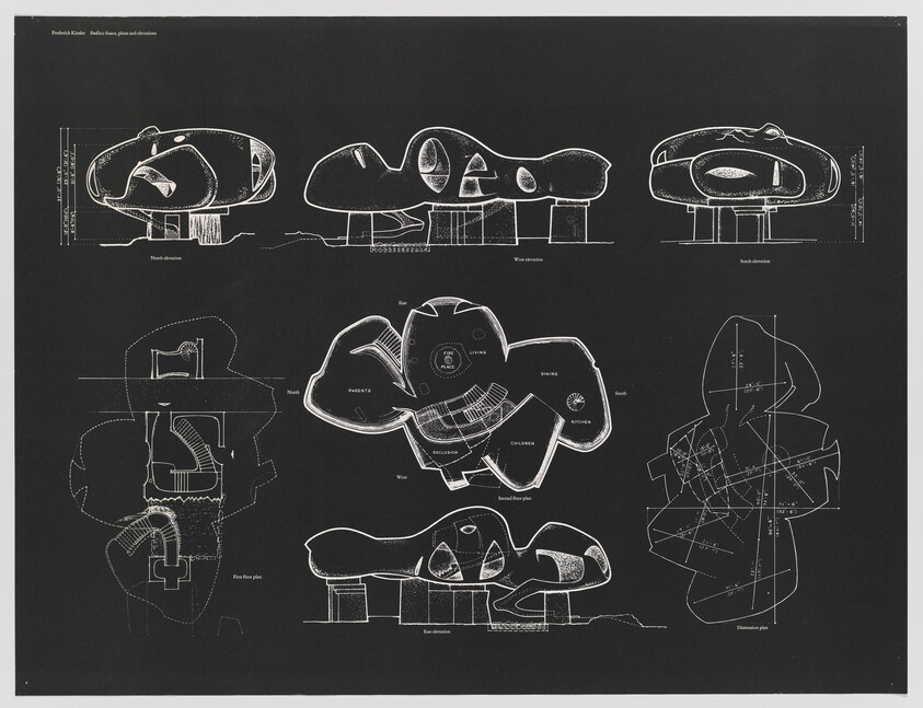 Architectural blueprint showing organic-shaped house elevations and floor plans drawn in white on black background.