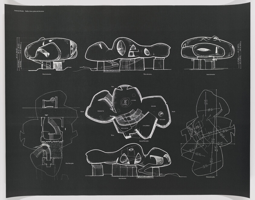 Architectural blueprint showing organic-shaped building elevations, floor plans, and structural supports on a black background.