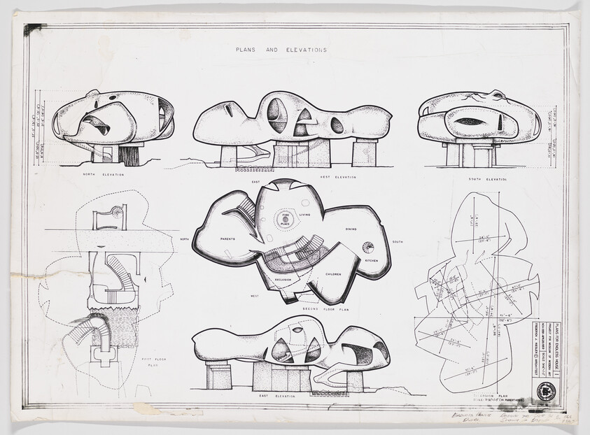 Architectural plans and elevations showing an organic, pod-like house with multiple floor plans and views.
