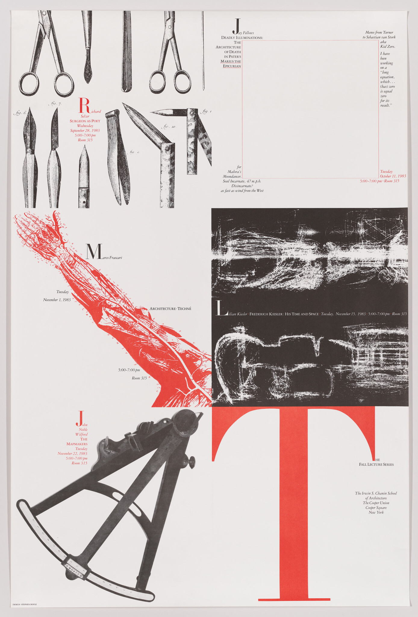 Poster showing surgical tools, a red anatomical forearm, a mechanical instrument, and a large red letter T.