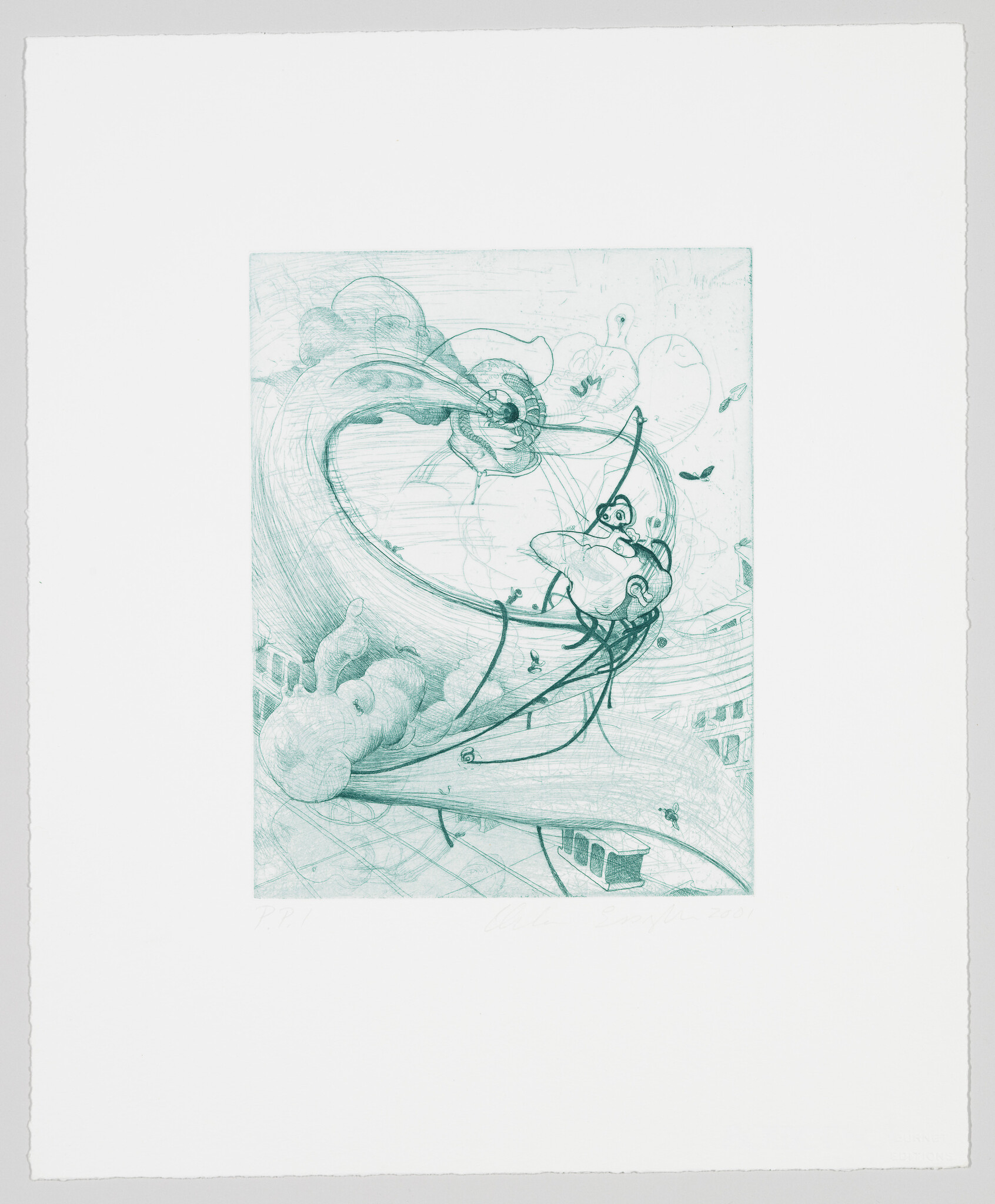 A teal sketch shows a small figure suspended by ropes above swirling clouds and tracks.