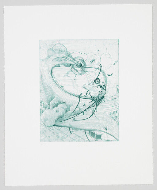 A teal sketch shows a small figure suspended by ropes above swirling clouds and tracks.