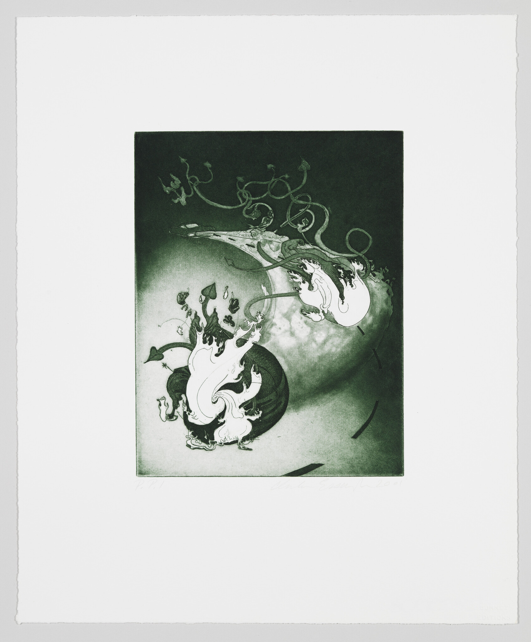 Abstract green etching showing swirling vine-like tendrils and two white flame shapes emerging from round forms.