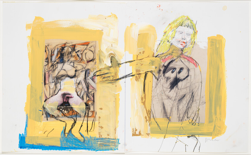 Two loosely sketched human figures in yellow frames connected by a reaching arm across the composition.