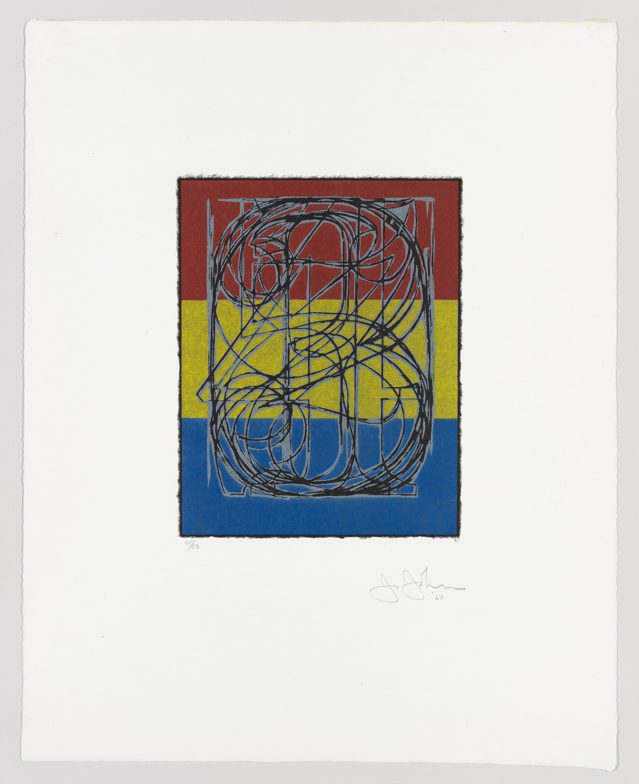 A print featuring an abstract design with tangled lines in black over a background divided into three color blocks: red at the top, yellow in the middle, and blue at the bottom. The artwork is centered on a white paper with the artist's signature and a fraction, possibly denoting the print number, in the bottom right corner.
