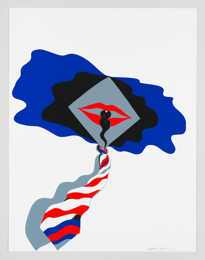 A stylized diamond with red lips and curling smoke tied to a striped red, white, and blue ribbon.