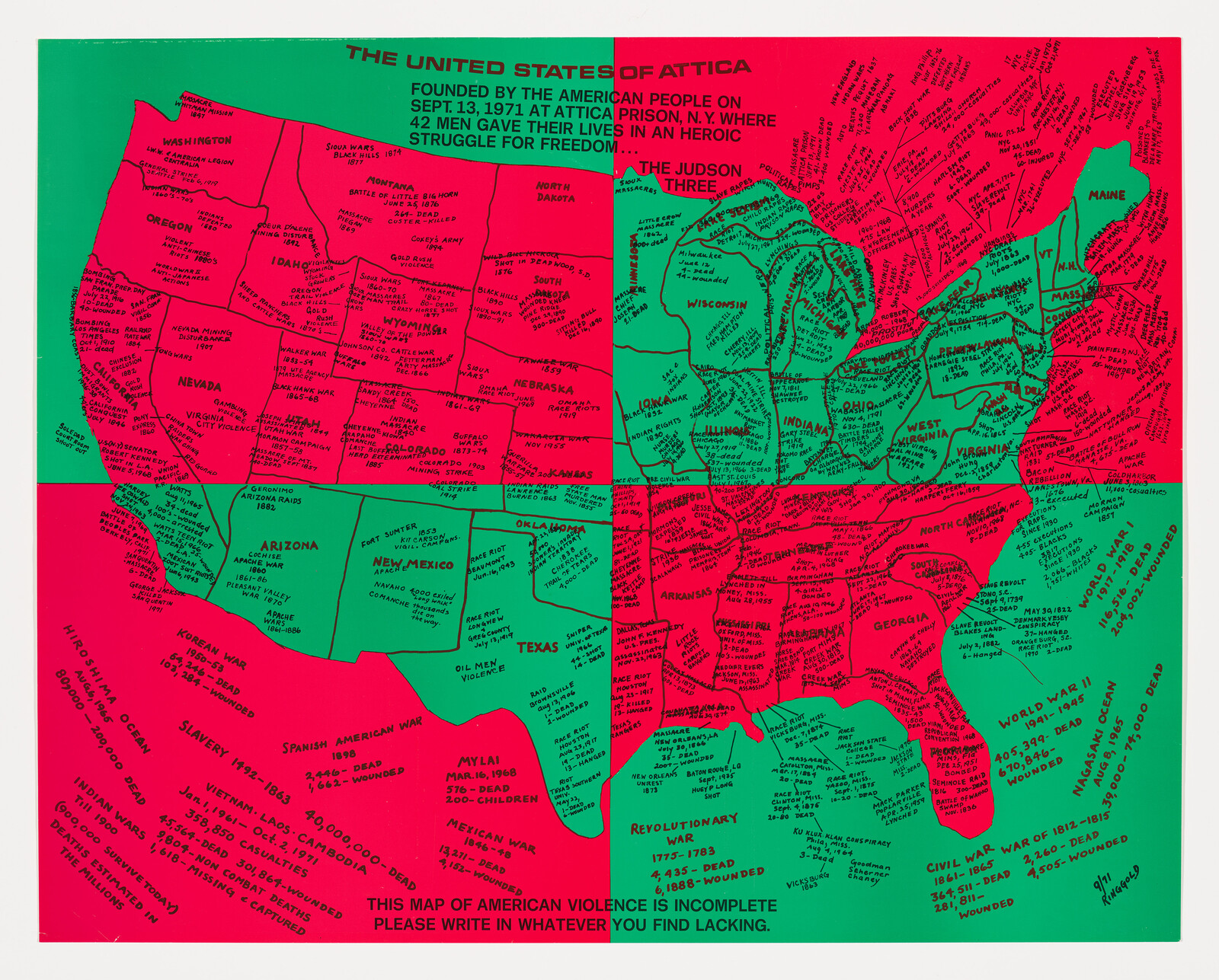 Red and green map titled "The United States of Attica" showing wars and violent events across states.