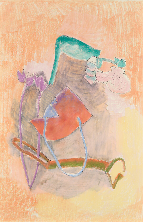 A pastel drawing of colorful handbags and stylized flowers on a warm orange background.