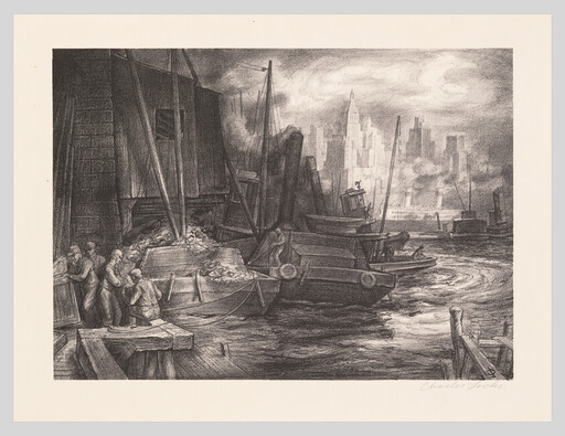 Dockworkers load and unload cargo from barges along a busy river with city skyline beyond.