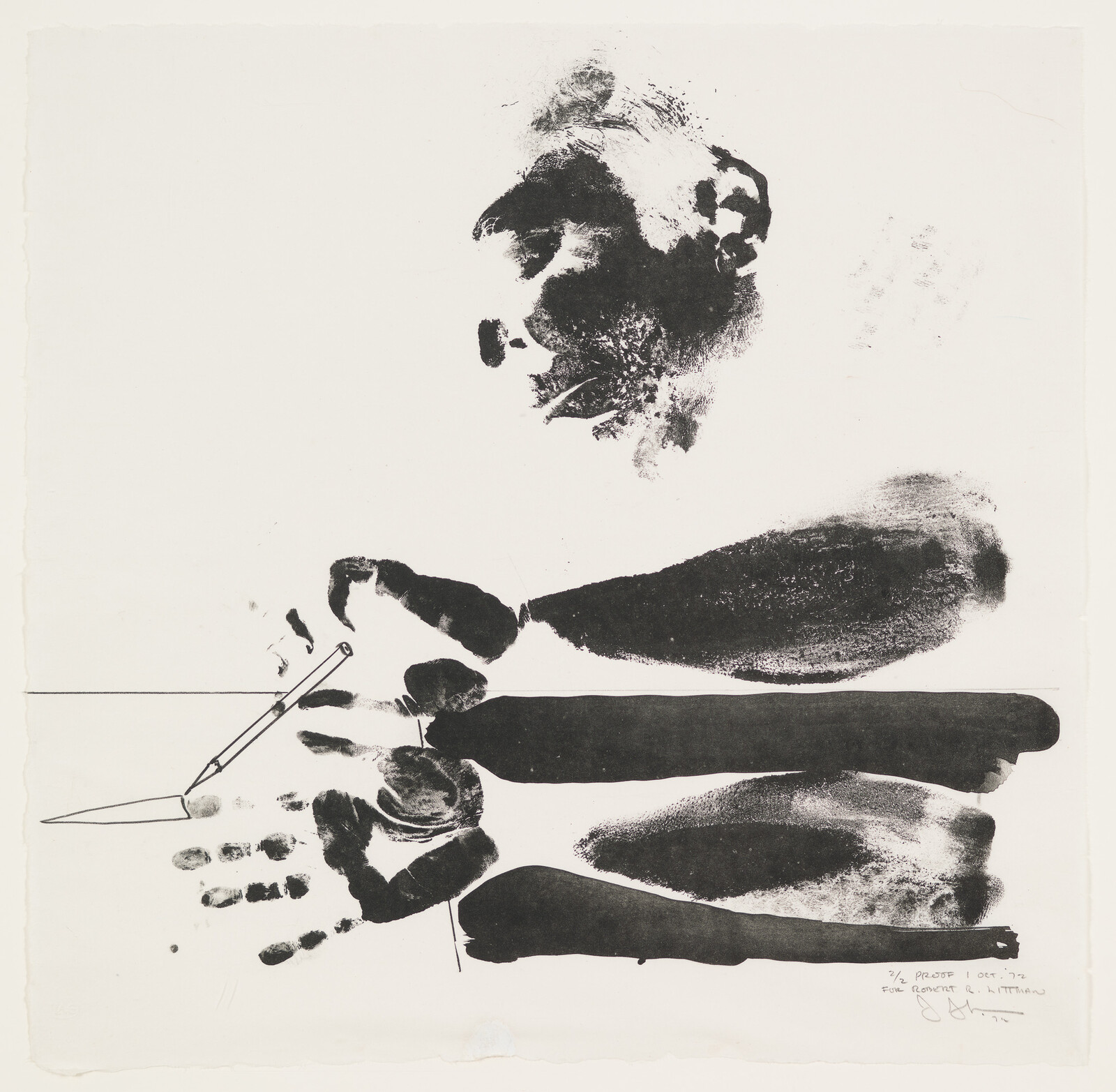 Man's face and multiple inked arms with a hand holding a pencil drawing a triangle.